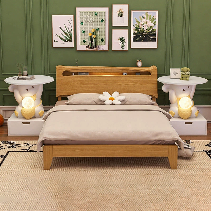 Modern Art Deco Kids Rabbit Round Plate Rectangular Drawer Resin Wood Enamel End Table 1-Drawer With LED Light For Bedroom