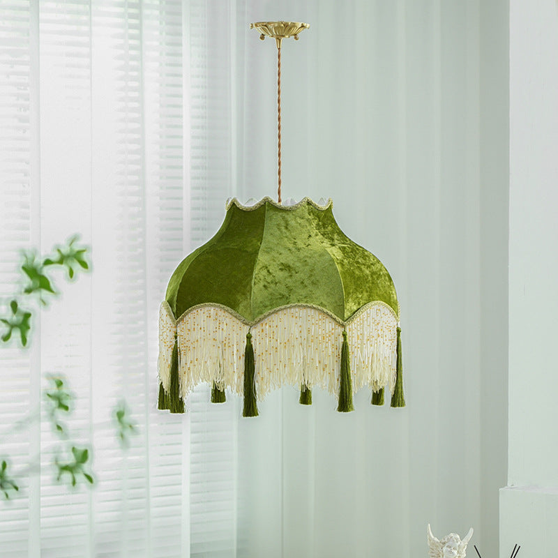French Vintage Fabric Tassel Lampshade Brass 1-Light Pendant Light