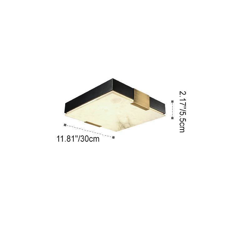 Traditional Chinese Square Marble Shade Brass Frame LED Flush Mount Ceiling Light For Living Room