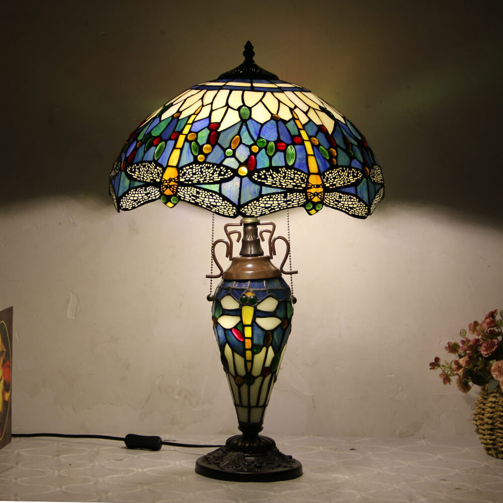 European Tiffany Stained Glass Hexagonal Dome Pull Cord 2-Light Table Lamp