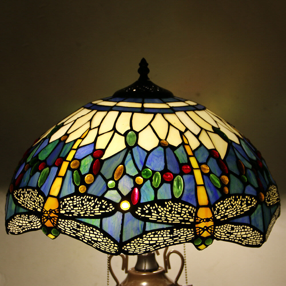 European Tiffany Stained Glass Hexagonal Dome Pull Cord 2-Light Table Lamp