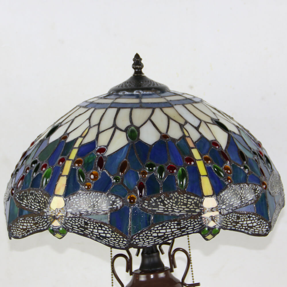European Tiffany Stained Glass Hexagonal Dome Pull Cord 2-Light Table Lamp