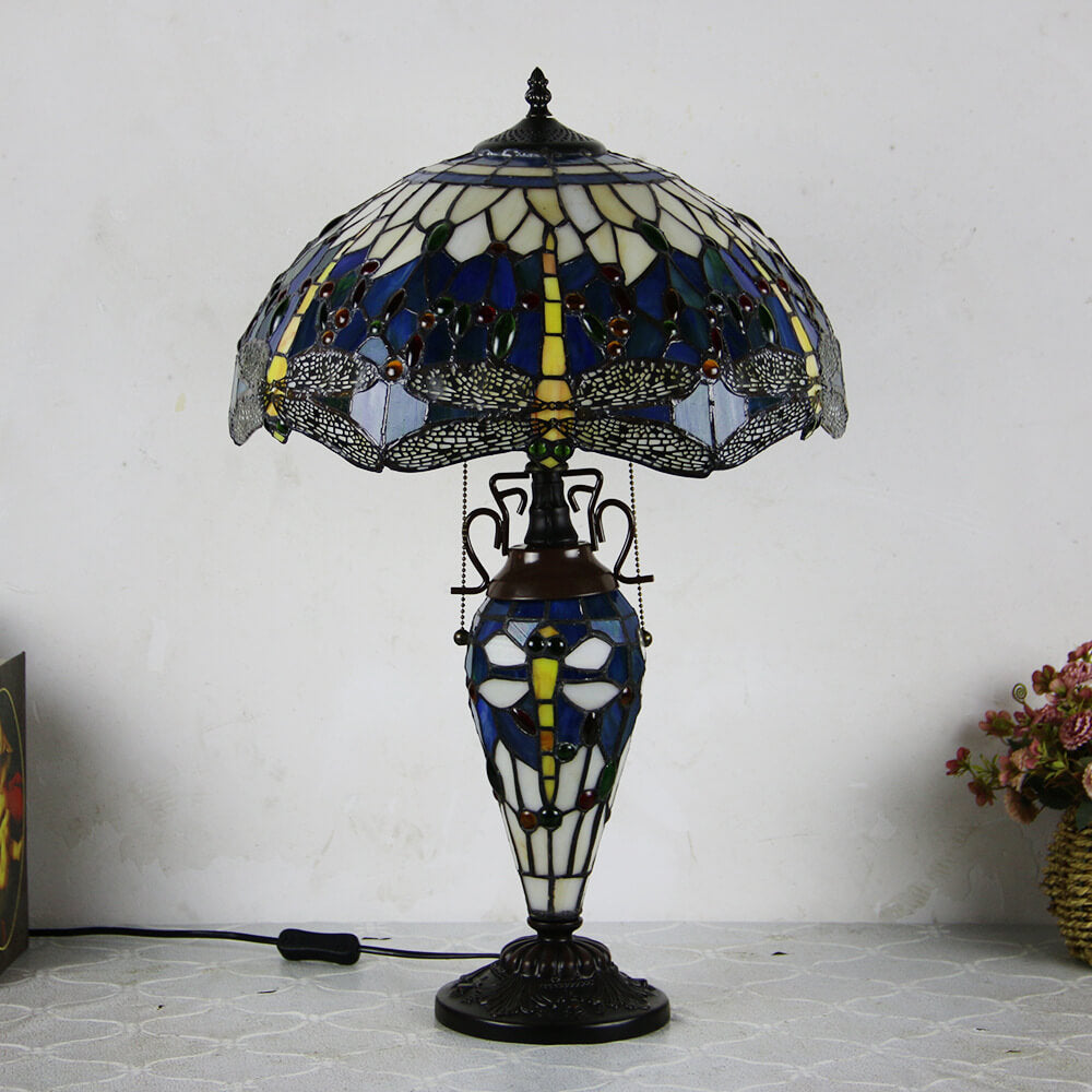 European Tiffany Stained Glass Hexagonal Dome Pull Cord 2-Light Table Lamp