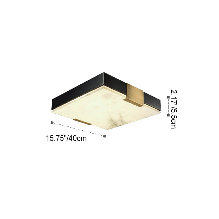 Traditional Chinese Square Marble Shade Brass Frame LED Flush Mount Ceiling Light For Living Room