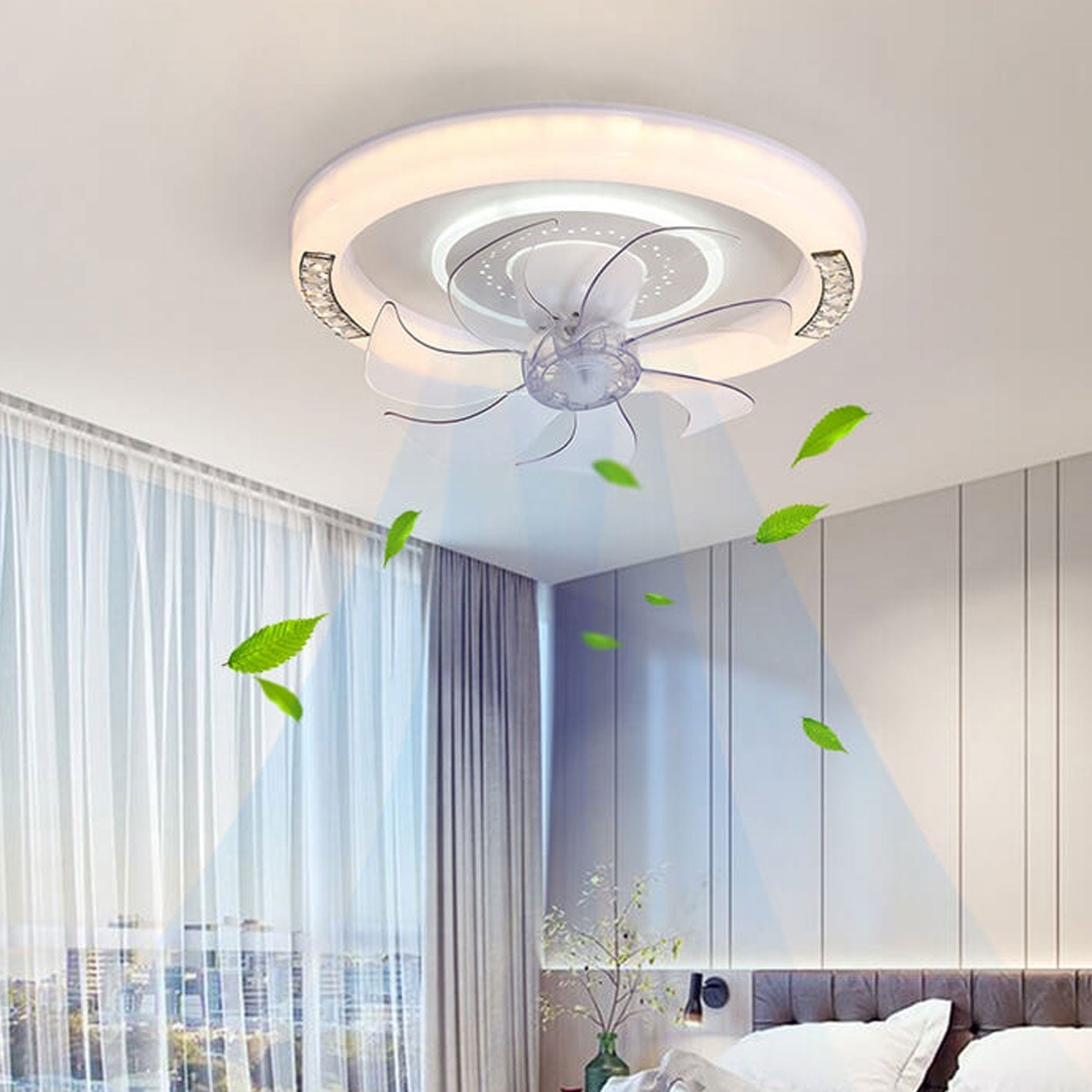 Modern Minimalist Acrylic Round Intelligent LED Flush Mount Ceiling Fan Light