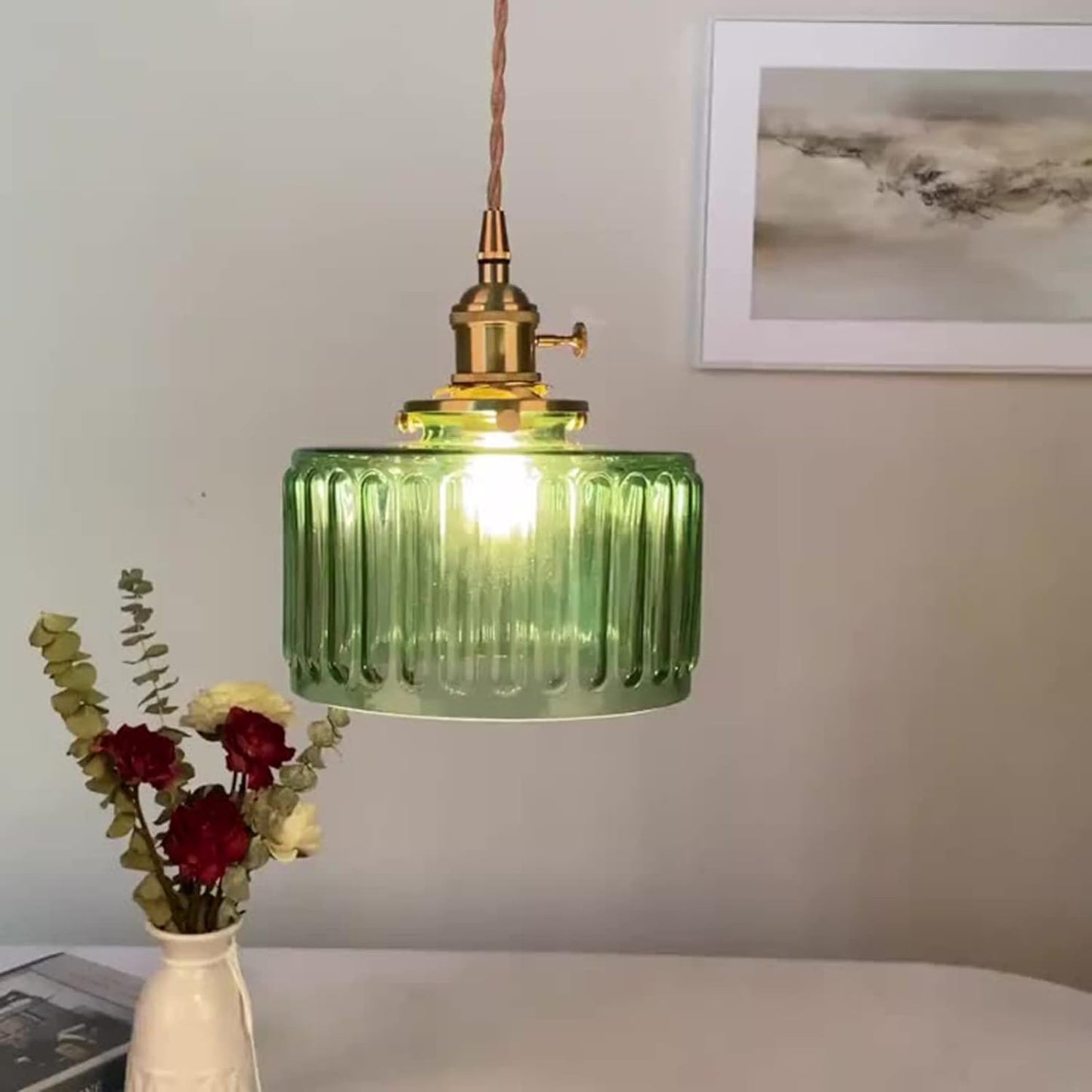 Traditional Vintage Antique Brass Ribbed Glass Cylinder Shade 1-Light Pendant Light For Living Room