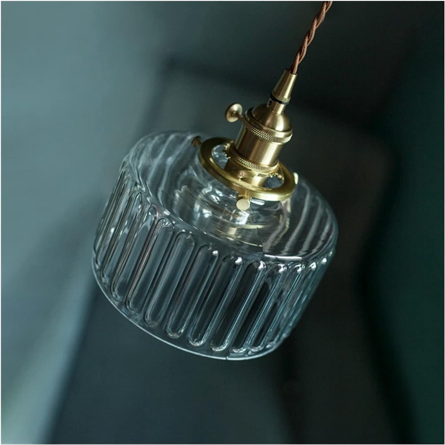 Traditional Vintage Antique Brass Ribbed Glass Cylinder Shade 1-Light Pendant Light For Living Room