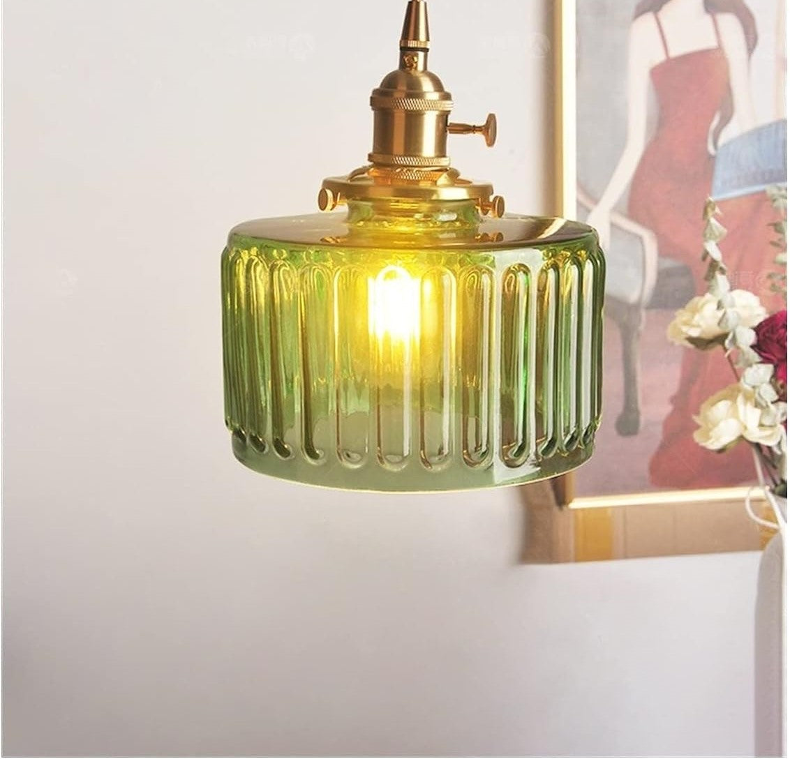 Traditional Vintage Antique Brass Ribbed Glass Cylinder Shade 1-Light Pendant Light For Living Room