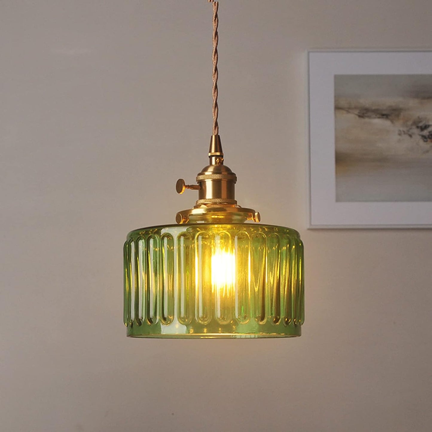 Traditional Vintage Antique Brass Ribbed Glass Cylinder Shade 1-Light Pendant Light For Living Room