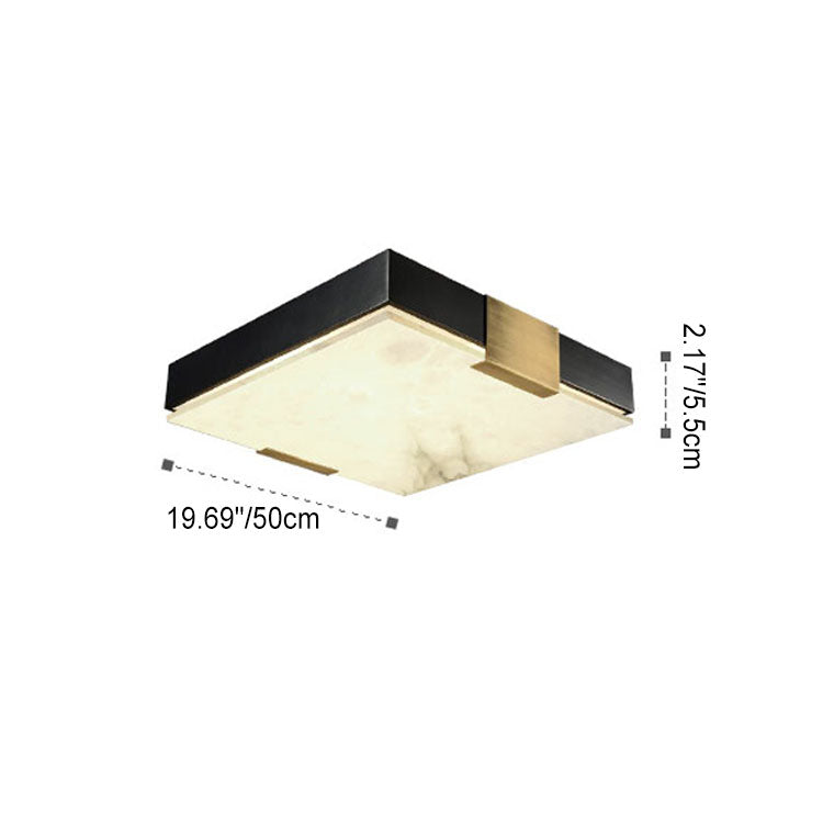 Traditional Chinese Square Marble Shade Brass Frame LED Flush Mount Ceiling Light For Living Room