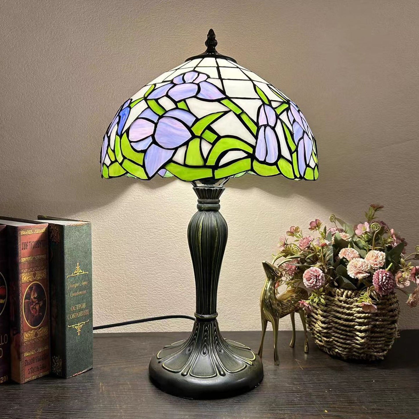 Traditional Tiffany Metal Glass Dome Grape Flower Dragonfly Butterfly 1-Light Table Lamp For Bedside