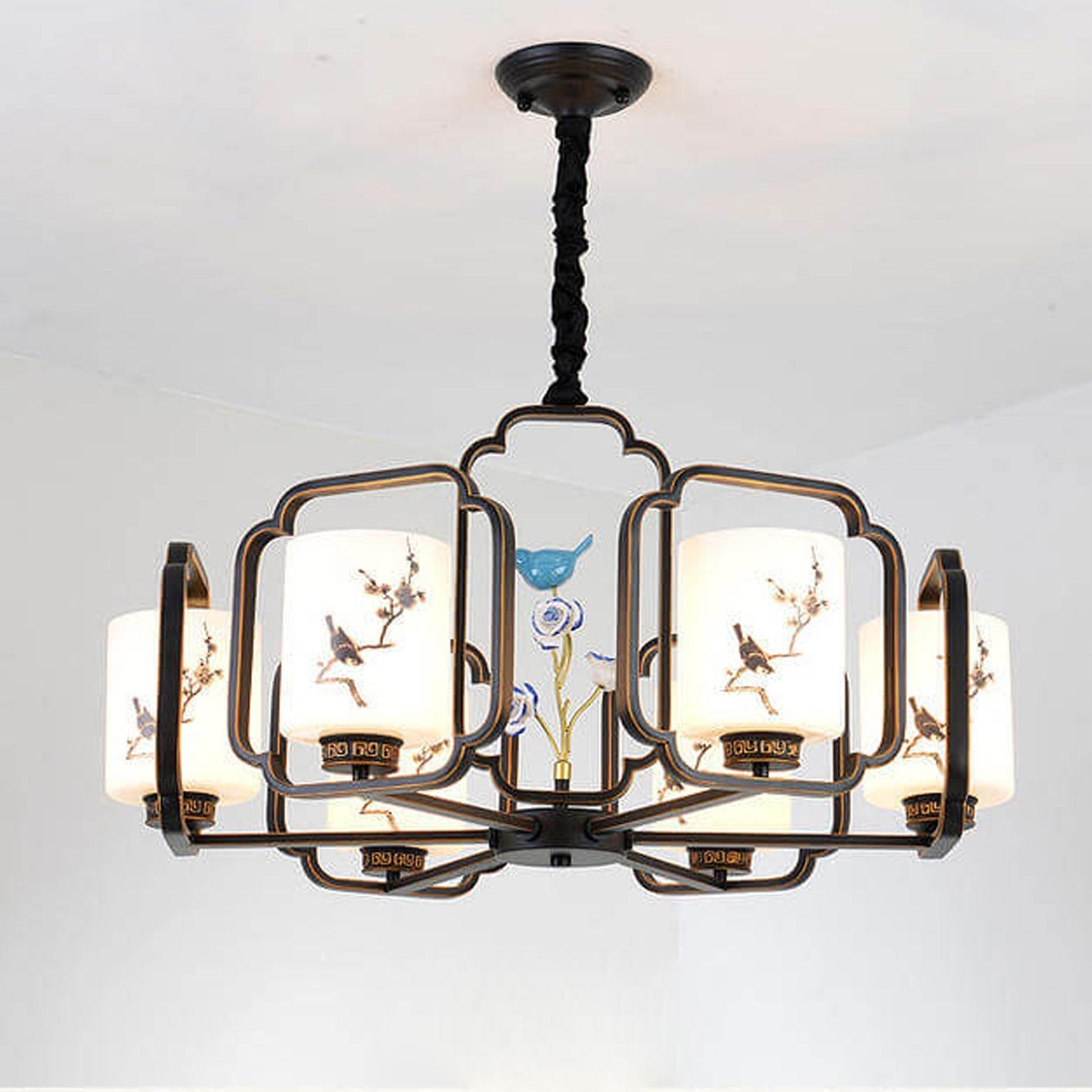 Modern Chinese Ceramics Bird Flower Glass Shade 6/8/10 Light Chandelier