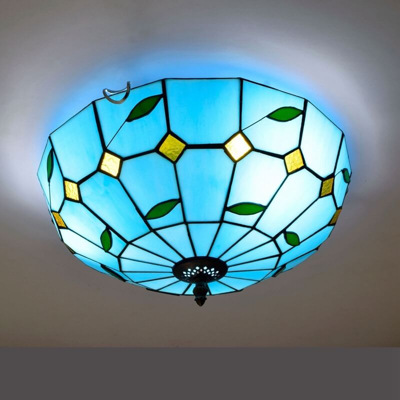 Tiffany Blue Mediterranean Stained Glass 3-Light Flush Mount Ceiling Light