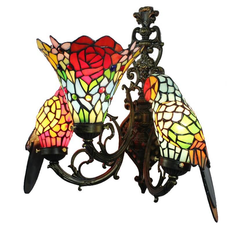 Tiffany Parrot Stained Glass 3-Light Wall Sconce Lamp