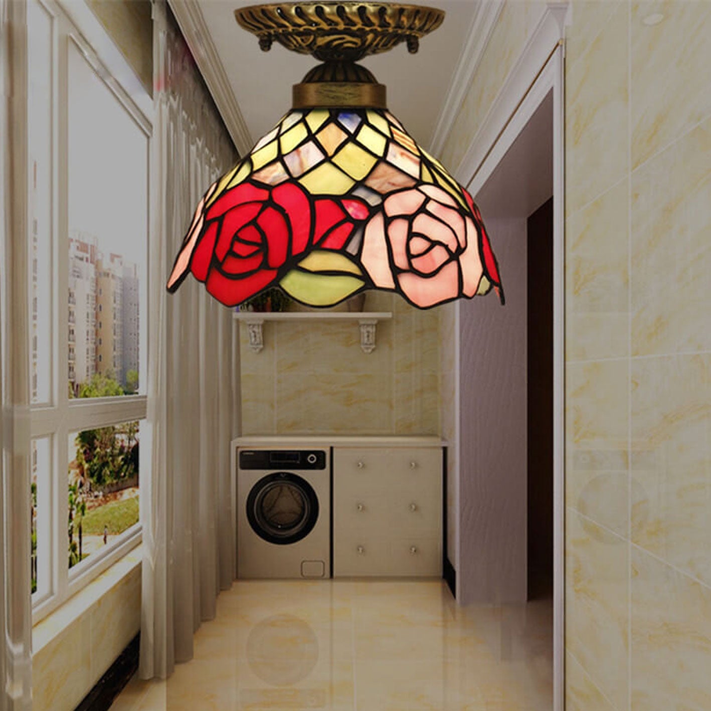 ヴィンテージ ティファニーローズ ステンドグラス 1灯ボウル セミフラッシュマウント シーリングライト