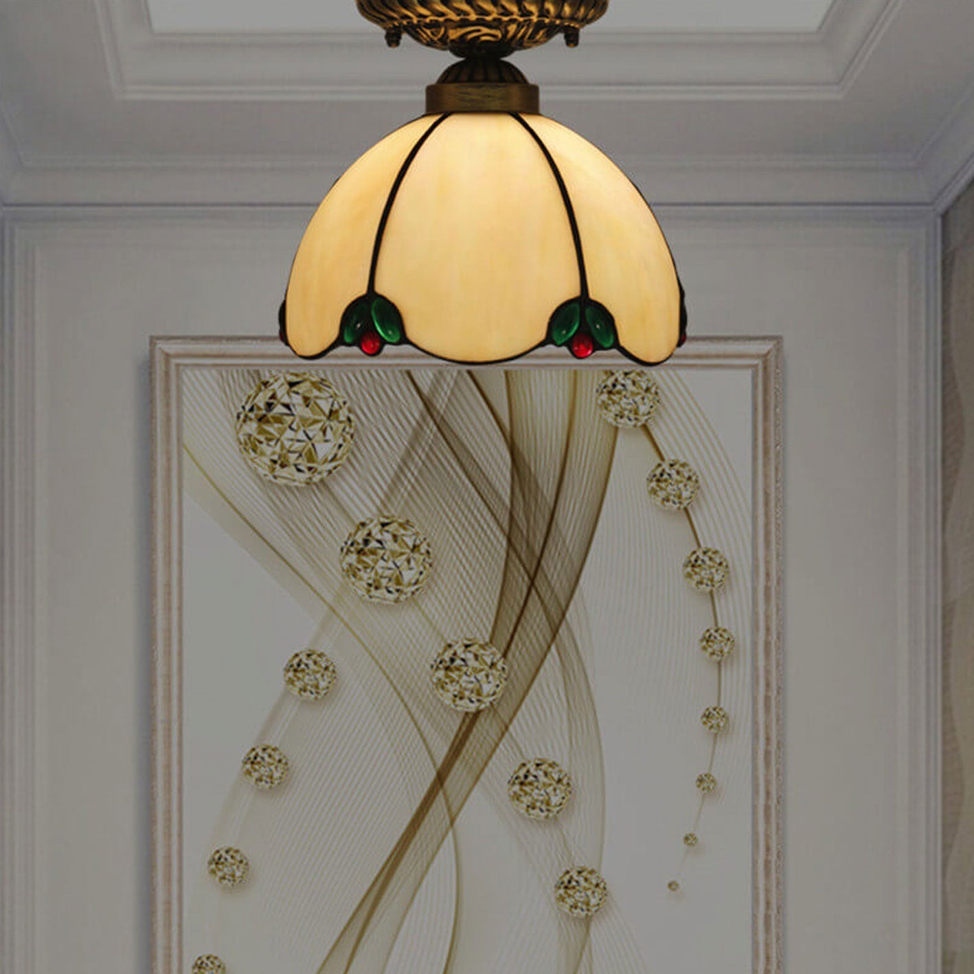 Vintage Tiffany Ivory Glass 1-Light Semi-Flush Mount Ceiling Light
