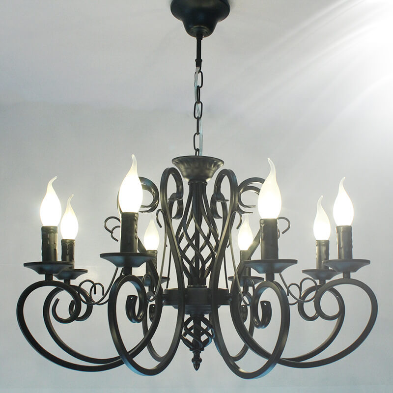 European Wrought Iron 6/8-Light Candle Chain Hanging Chandeliers