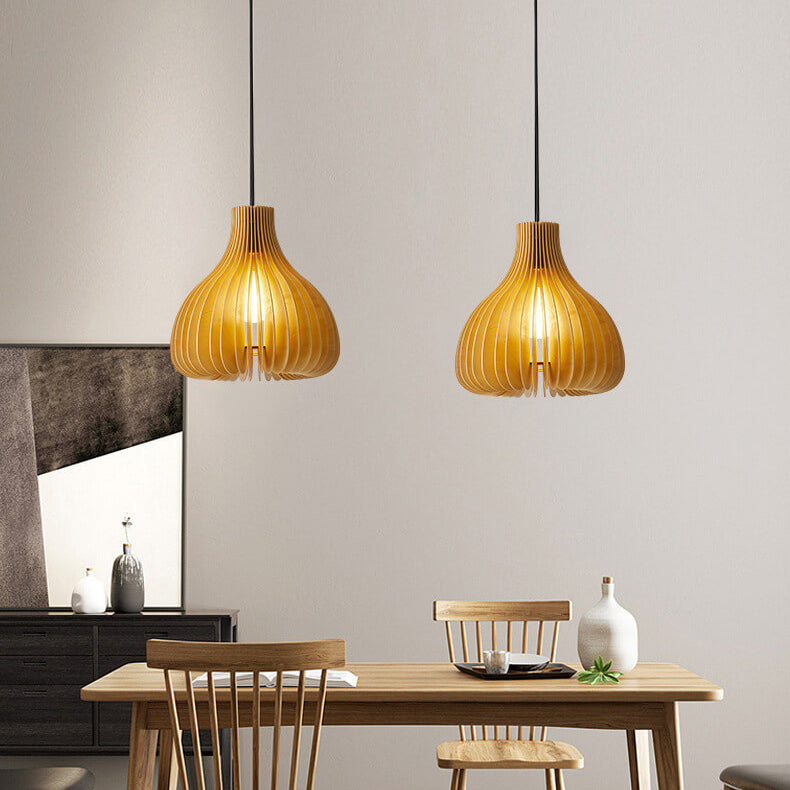 Traditional Solid Wood Sydney Shaped Hollow Japanese 1-Light Pendant Light