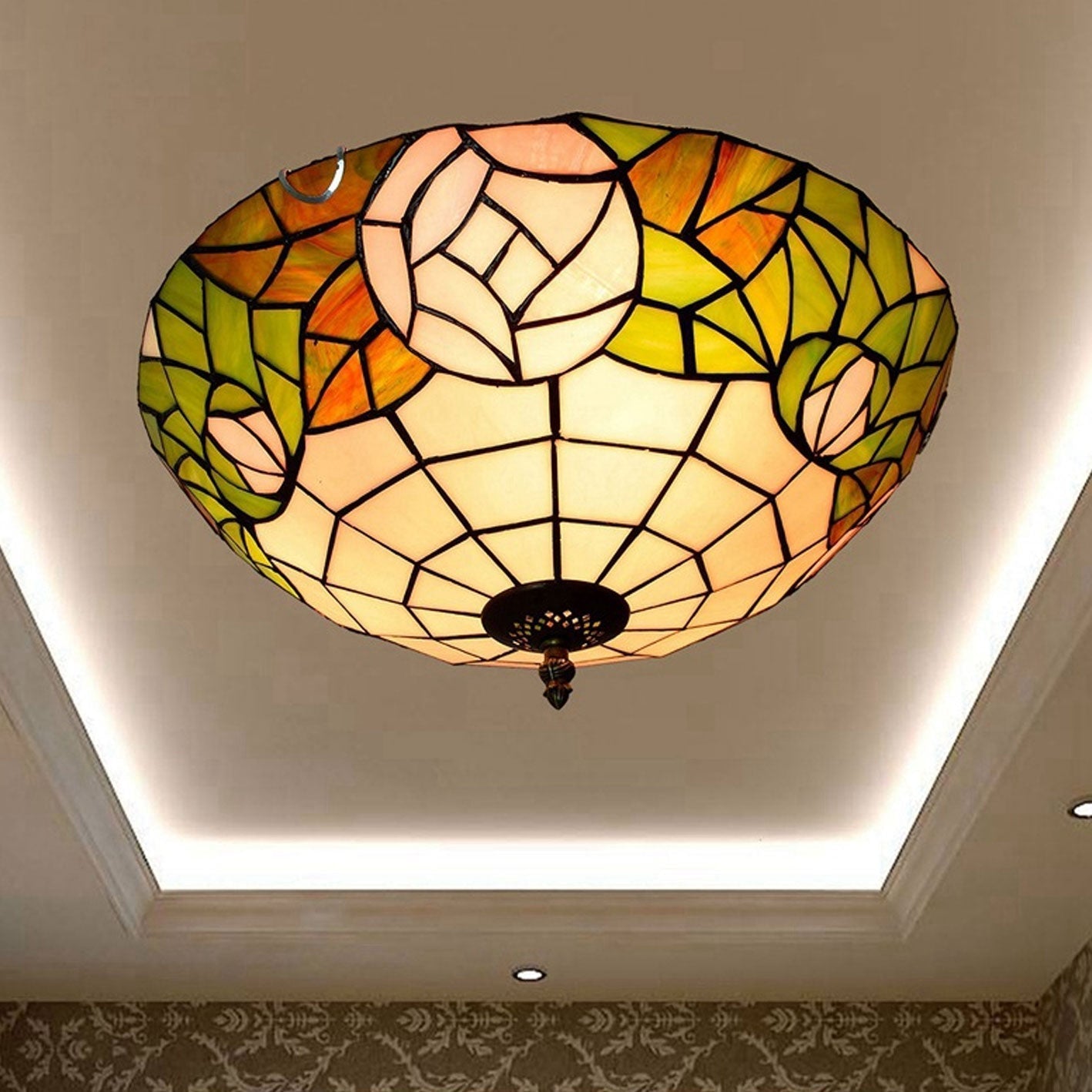 Tiffany European Retro Creative Stained Glass Rose Pattern Design 3-Light Flush Mount Light