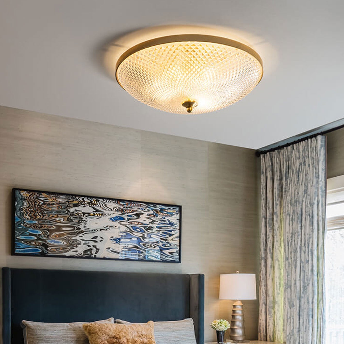 Vintage Luxury Round Brass Glass Bowl 3-Light Flush Mount Ceiling Light