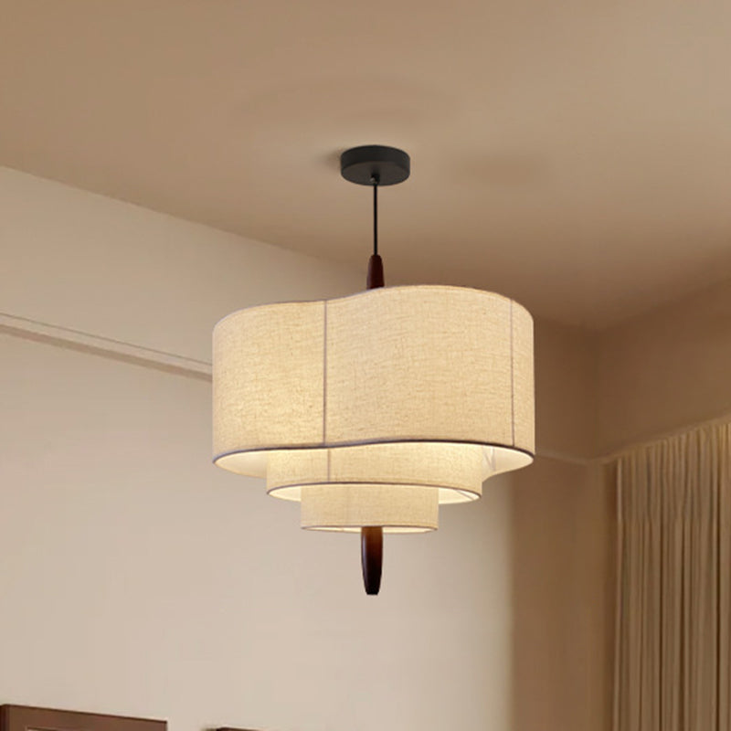 Traditional Vintage Irregular Shape Iron Solid Wood Fabric 1-Light Pendant Light For Dining Room