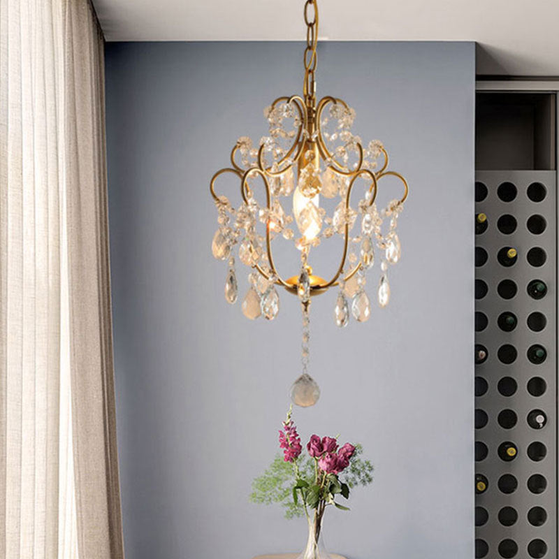 Traditional French Iron Crystal Flower 1-Light Chandelier For Dining Room