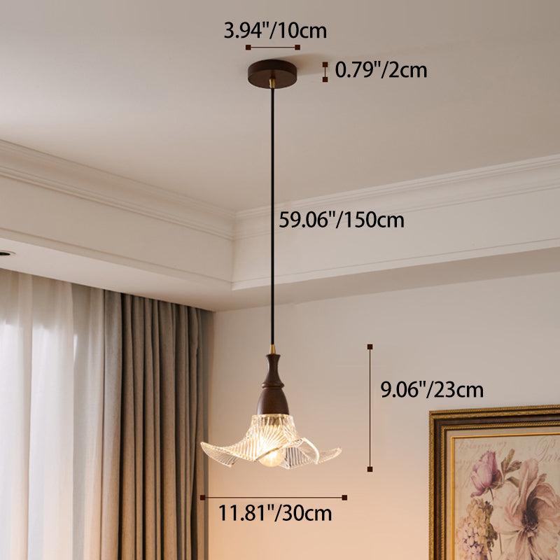 Traditional Vintage Floral Solid Wood Glass 1-Light Pendant Light For Dining Room