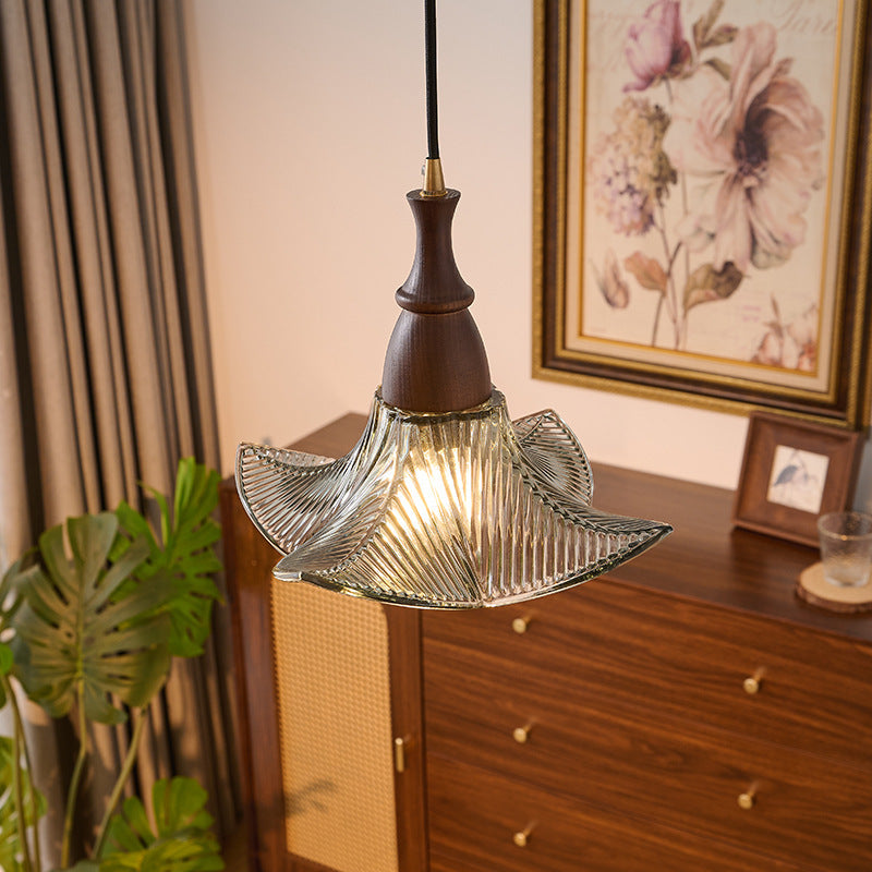 Traditional Vintage Floral Solid Wood Glass 1-Light Pendant Light For Dining Room