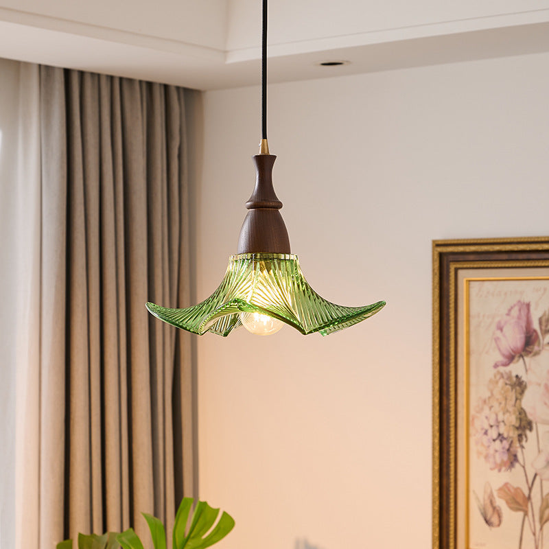 Traditional Vintage Floral Solid Wood Glass 1-Light Pendant Light For Dining Room