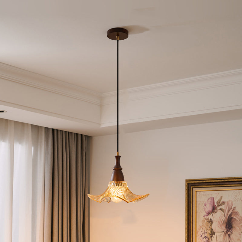 Traditional Vintage Floral Solid Wood Glass 1-Light Pendant Light For Dining Room
