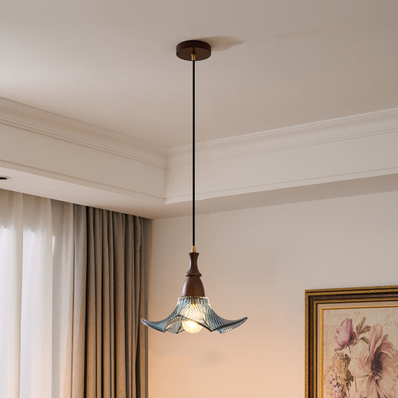 Traditional Vintage Floral Solid Wood Glass 1-Light Pendant Light For Dining Room