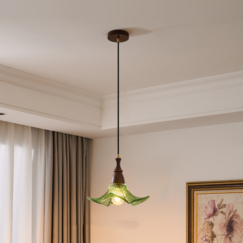 Traditional Vintage Floral Solid Wood Glass 1-Light Pendant Light For Dining Room