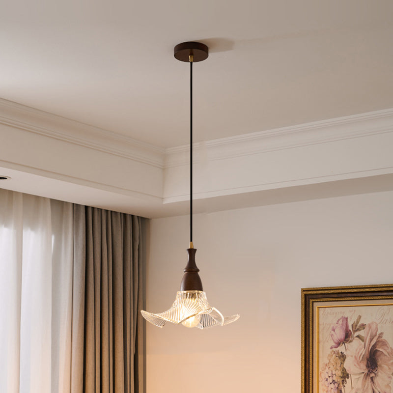 Traditional Vintage Floral Solid Wood Glass 1-Light Pendant Light For Dining Room