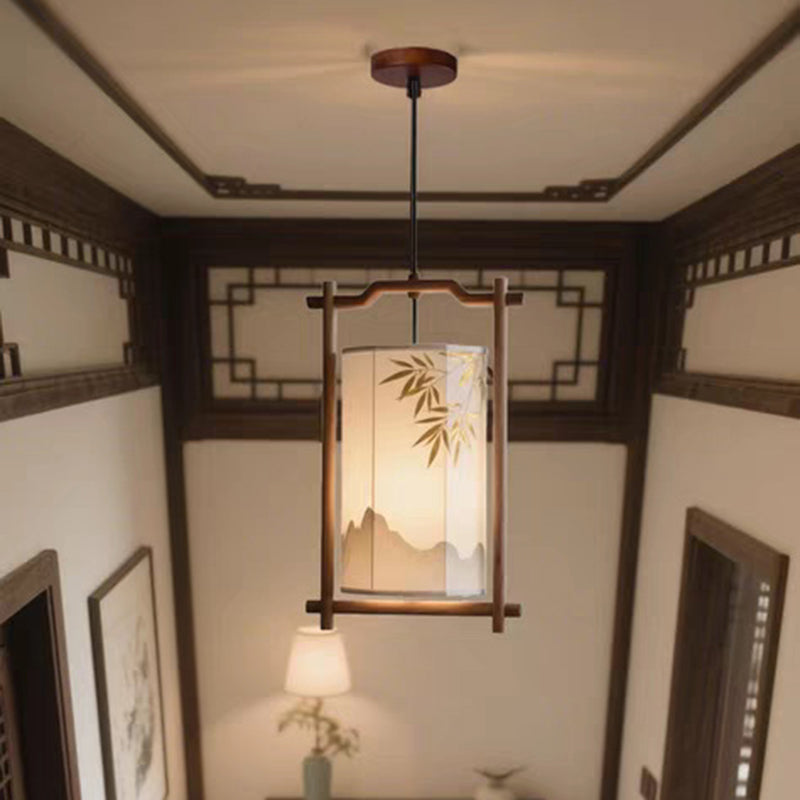 Traditional Chinese Lantern Shape Solid Wood Fabric 1-Light Pendant Light For Dining Room