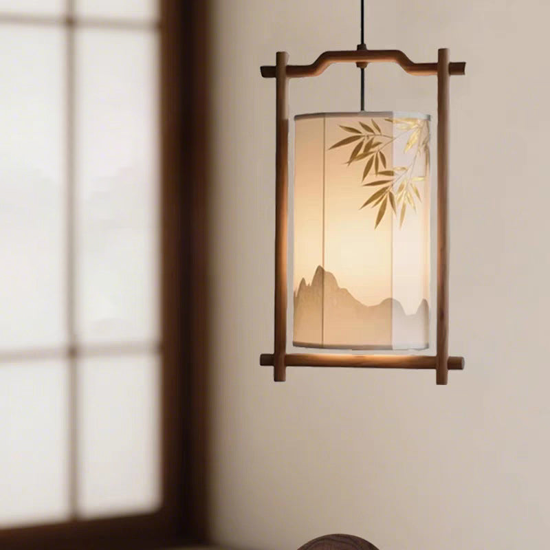 Traditional Chinese Lantern Shape Solid Wood Fabric 1-Light Pendant Light For Dining Room