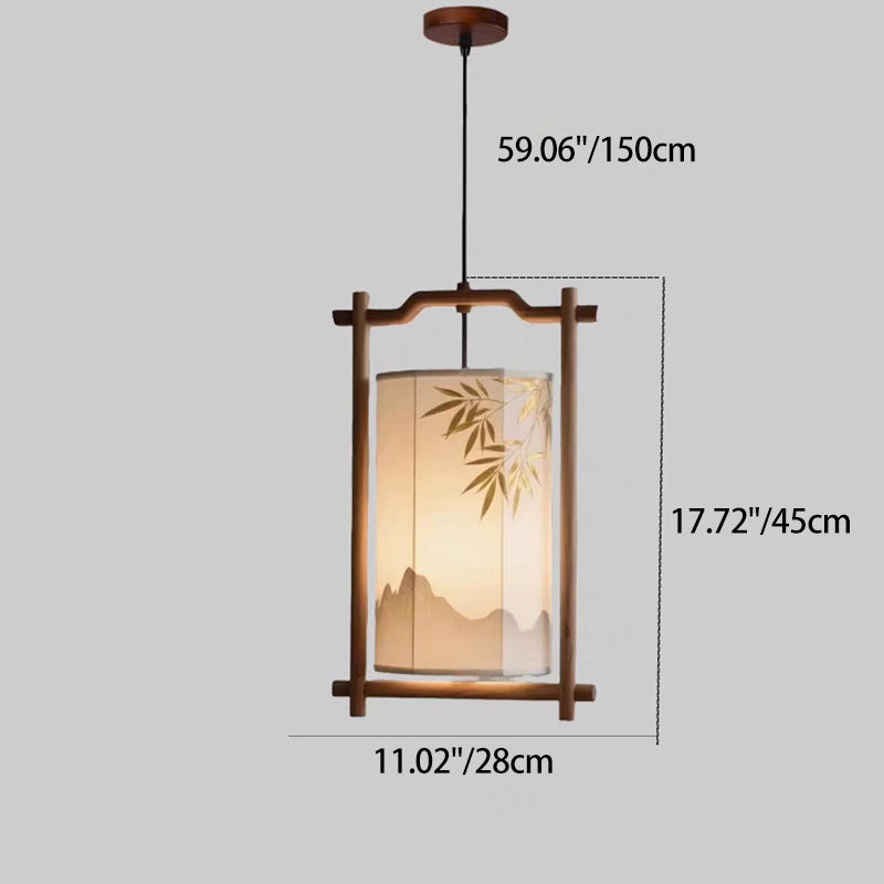 Traditional Chinese Lantern Shape Solid Wood Fabric 1-Light Pendant Light For Dining Room