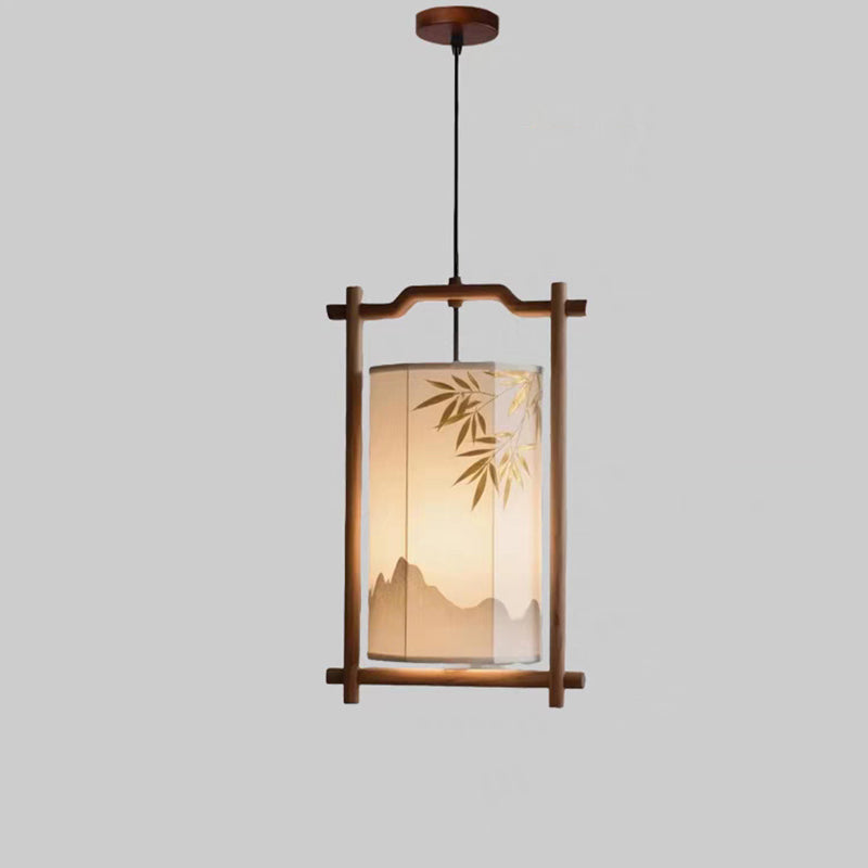 Traditional Chinese Lantern Shape Solid Wood Fabric 1-Light Pendant Light For Dining Room