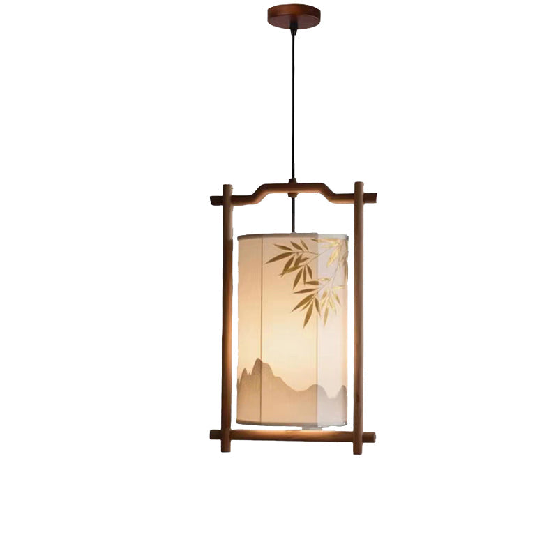 Traditional Chinese Lantern Shape Solid Wood Fabric 1-Light Pendant Light For Dining Room