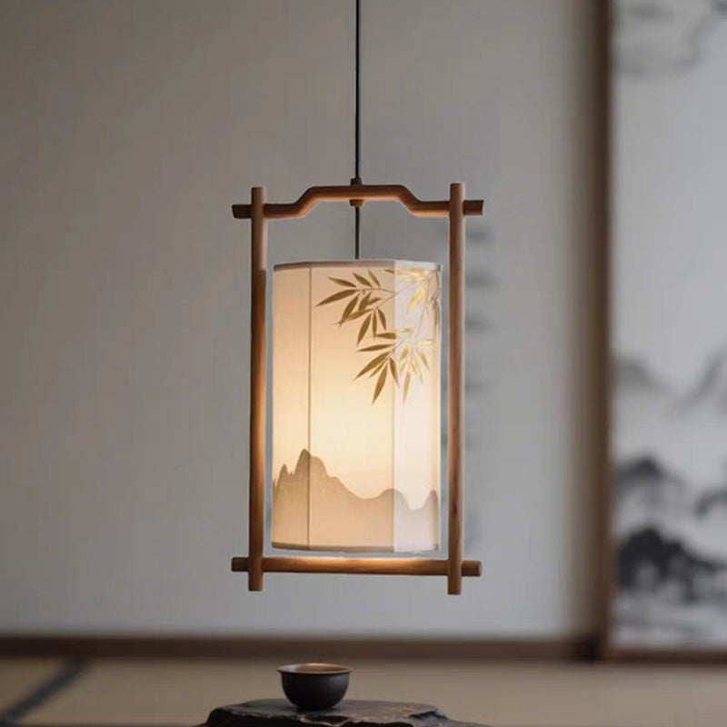 Traditional Chinese Lantern Shape Solid Wood Fabric 1-Light Pendant Light For Dining Room