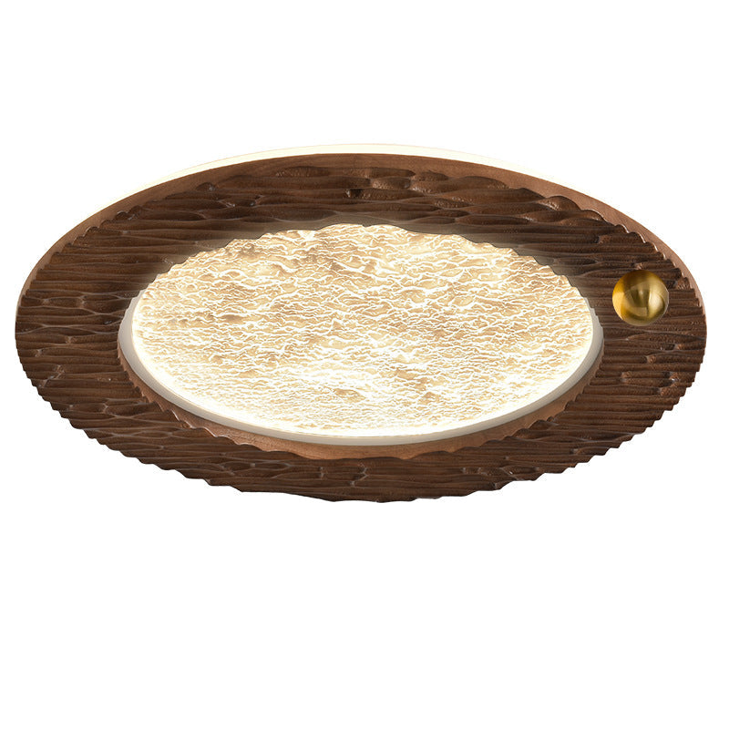 Traditional Vintage Round Oak Iron Acrylic LED Flush Mount Ceiling Light For Bedroom