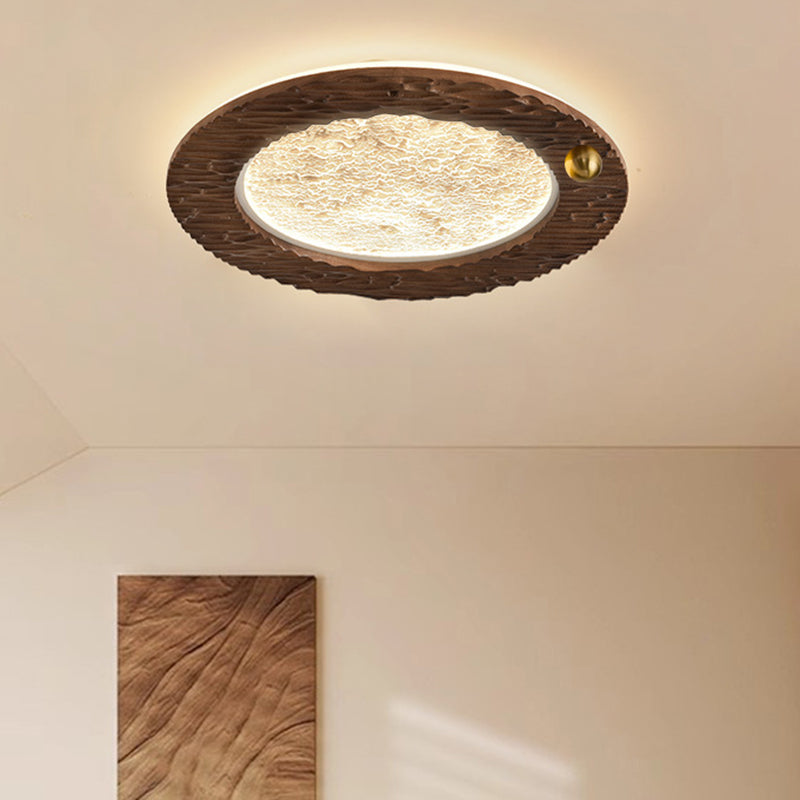 Traditional Vintage Round Oak Iron Acrylic LED Flush Mount Ceiling Light For Bedroom