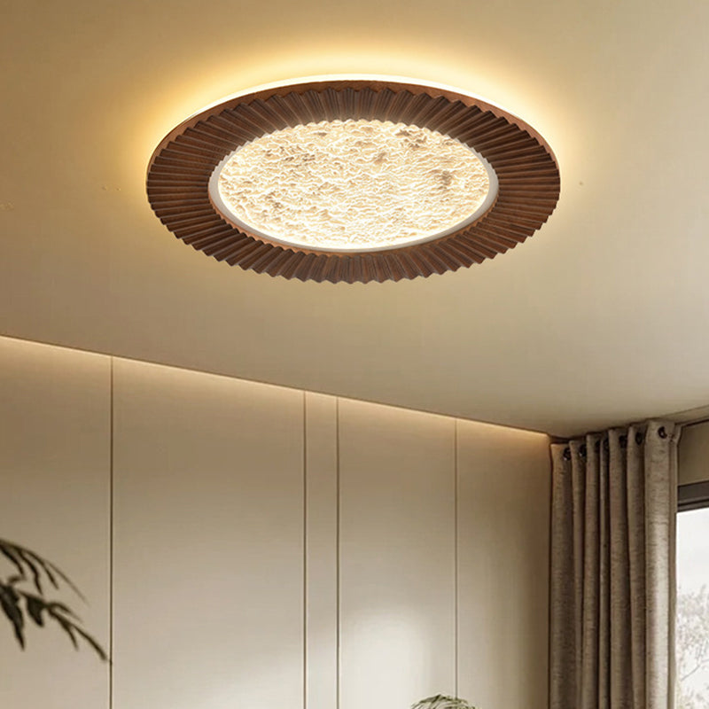 Traditional Vintage Round Oak Iron Acrylic LED Flush Mount Ceiling Light For Bedroom