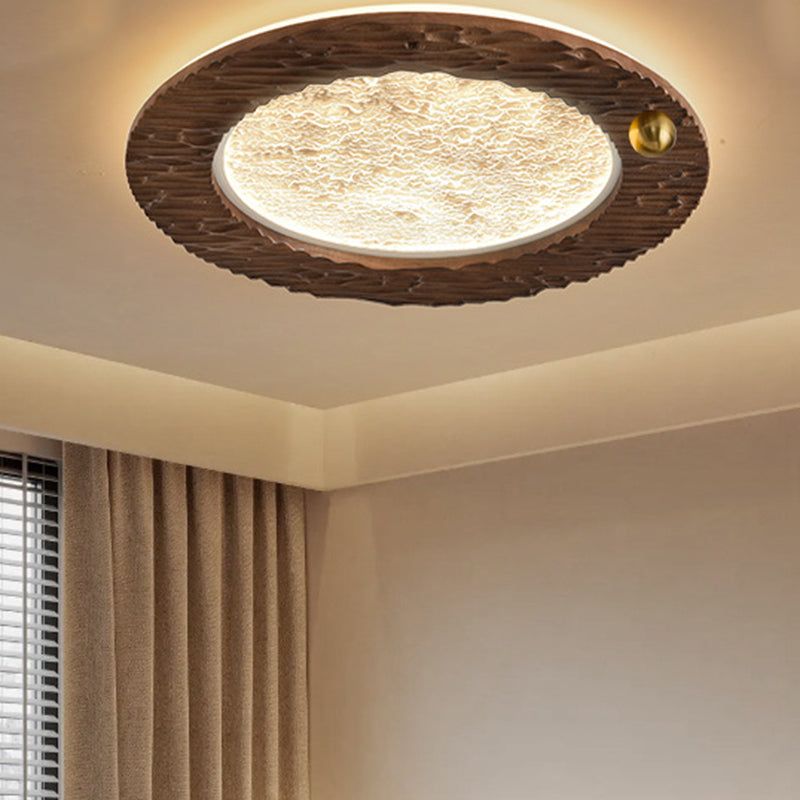 Traditional Vintage Round Oak Iron Acrylic LED Flush Mount Ceiling Light For Bedroom