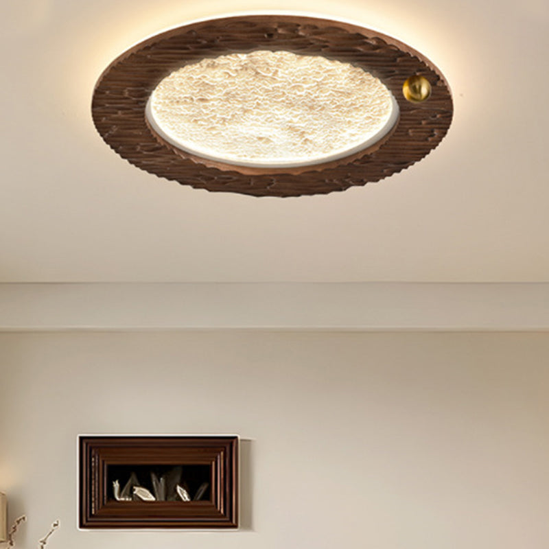 Traditional Vintage Round Oak Iron Acrylic LED Flush Mount Ceiling Light For Bedroom