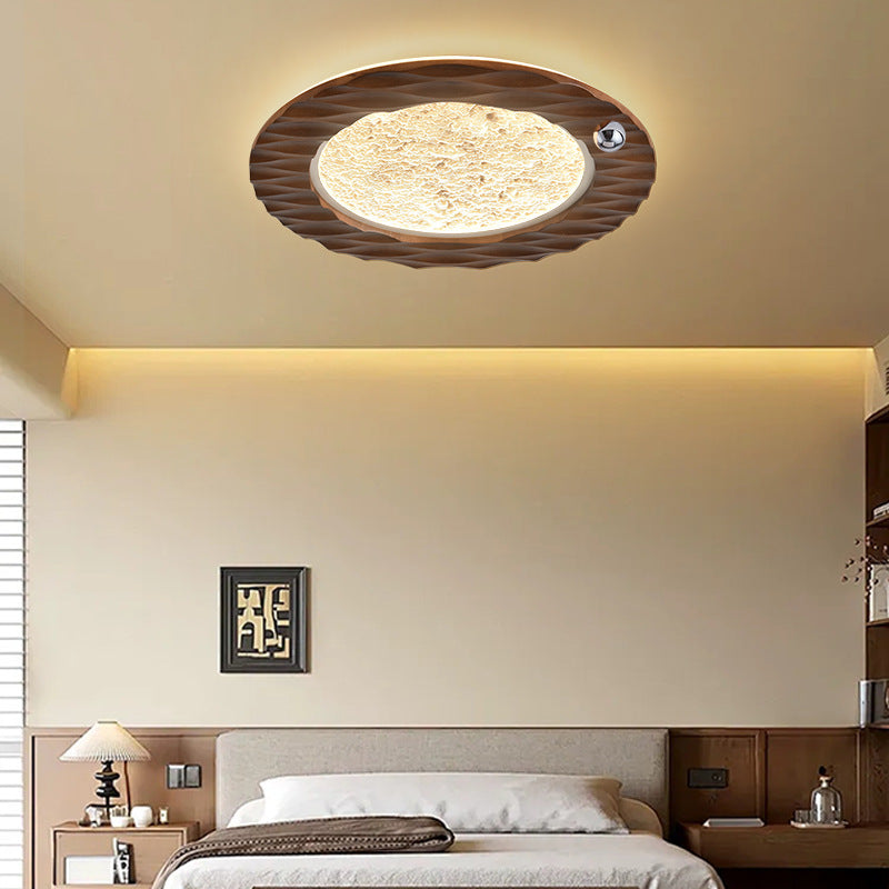 Traditional Vintage Round Oak Iron Acrylic LED Flush Mount Ceiling Light For Bedroom