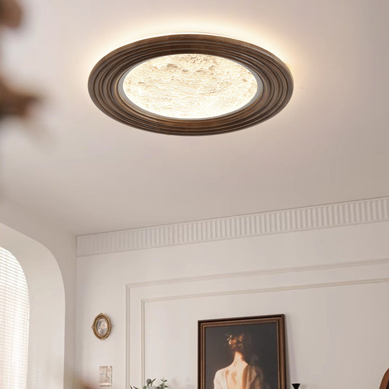 Traditional Vintage Round Oak Iron Acrylic LED Flush Mount Ceiling Light For Bedroom