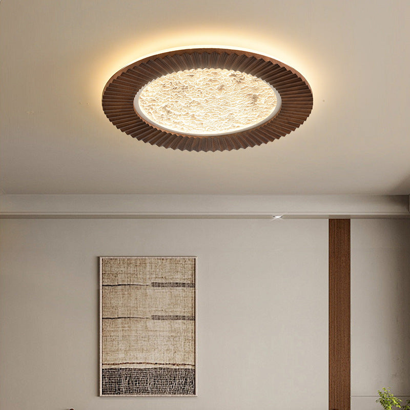 Traditional Vintage Round Oak Iron Acrylic LED Flush Mount Ceiling Light For Bedroom