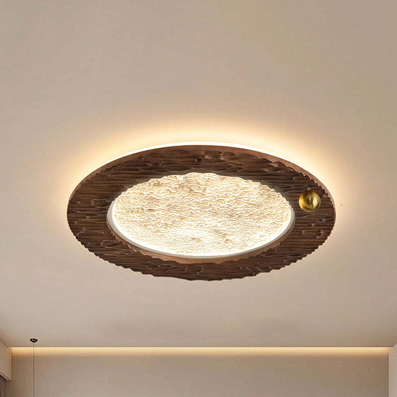 Traditional Vintage Round Oak Iron Acrylic LED Flush Mount Ceiling Light For Bedroom