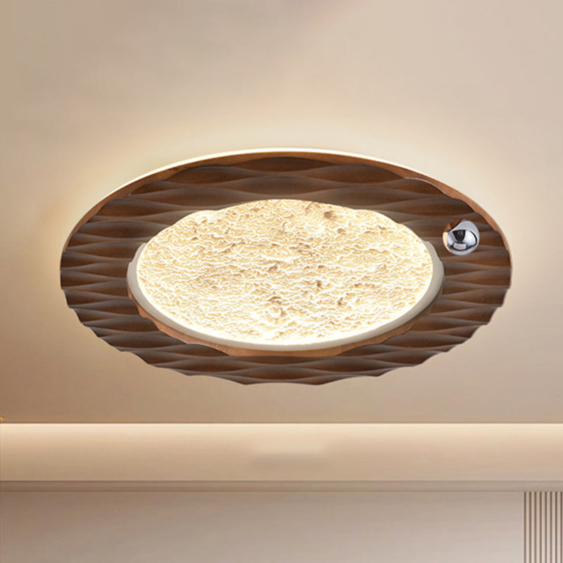 Traditional Vintage Round Oak Iron Acrylic LED Flush Mount Ceiling Light For Bedroom