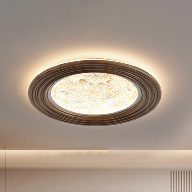 Traditional Vintage Round Oak Iron Acrylic LED Flush Mount Ceiling Light For Bedroom
